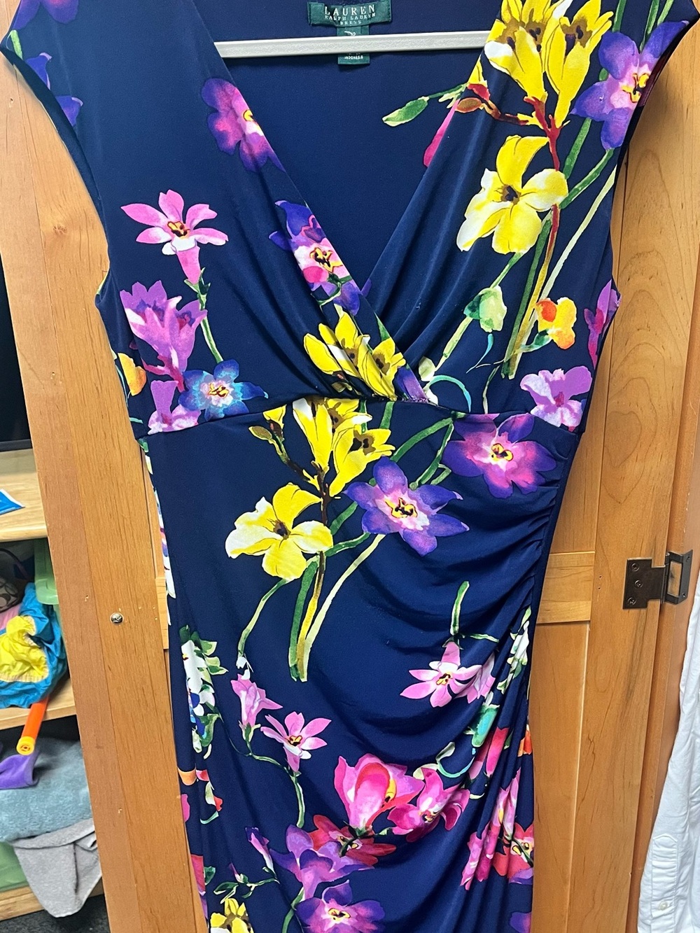 Ralph Lauren Navy Floral Faux-Wrap Dress with Yellow & Pink Blooms